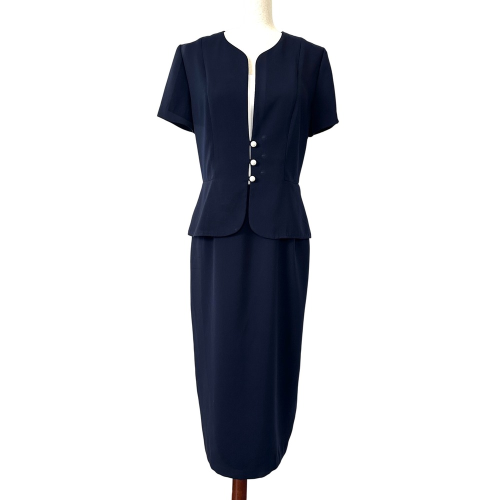 VTG 90s Danny & Nicole Navy Blue Peplum Midi Dress Pearl Button 10P Office Siren